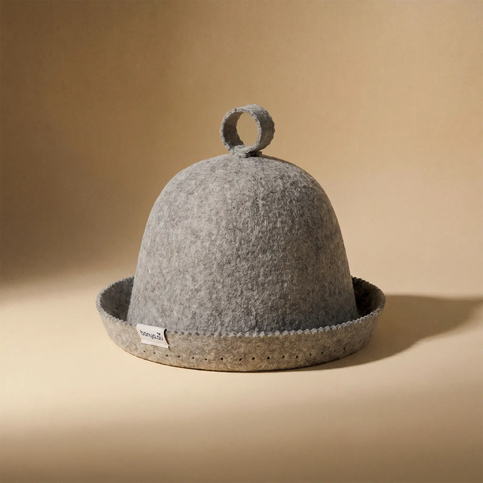 Grey Australian Merino wool sauna hat with folded brim and hanging loop